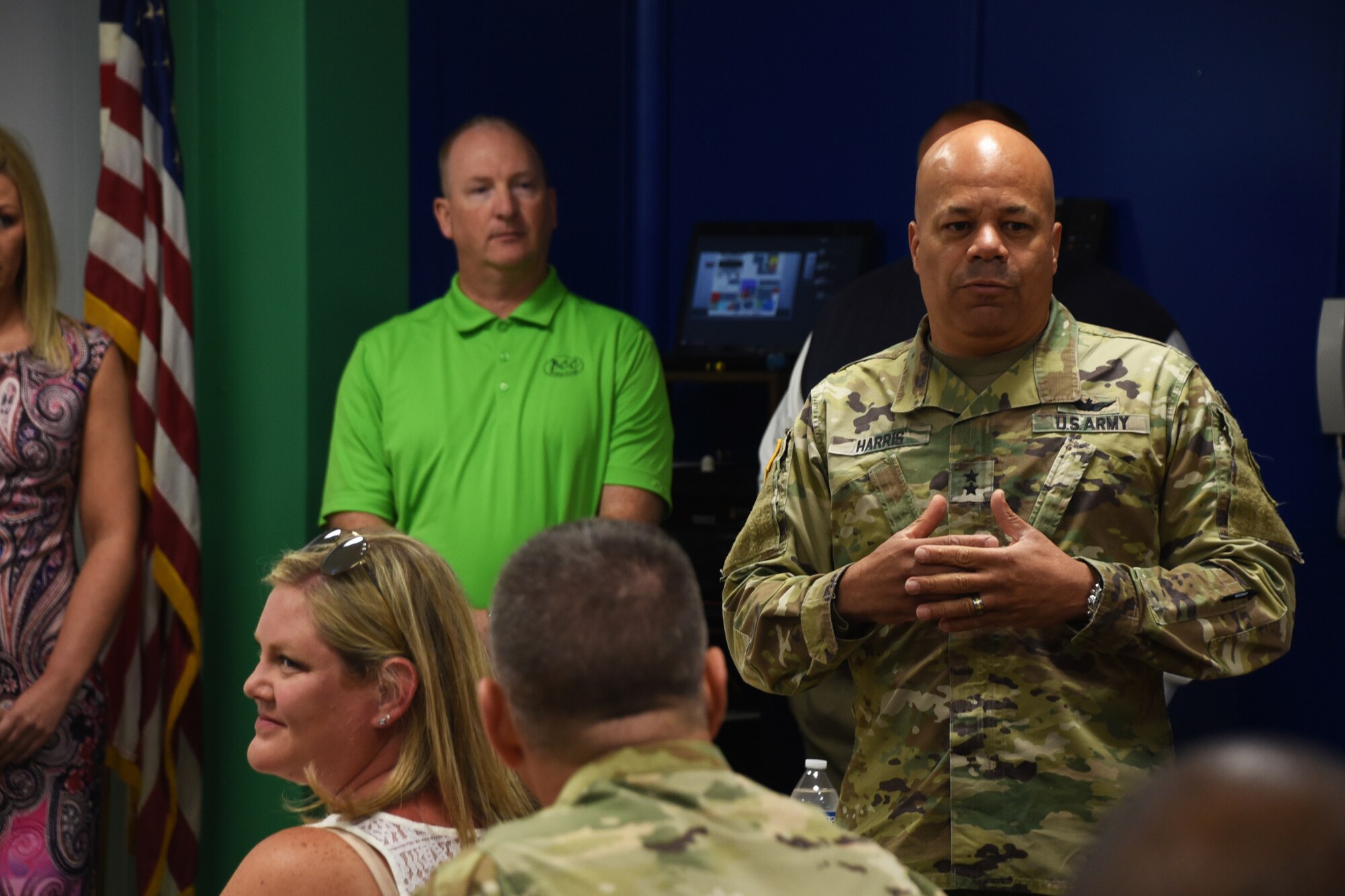U.S. Army National Guard Maj. Gen. John Harris, Ohio Adjutant General, spoke to volunteer members during GuardCare Weekend Aug. 11, 2019, at the Buckeye Career Center, New Philadelphia, Ohio. During the event both service members from the Ohio Army and Air National Guard provided health services to the local and surrounding New Philadelphia population. (U.S. Air National Guard photo by Senior Airman Gwendalyn Smith)