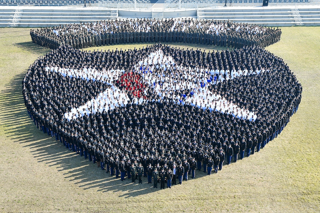 U.S. and South Korean soldiers form an insignia on a field.