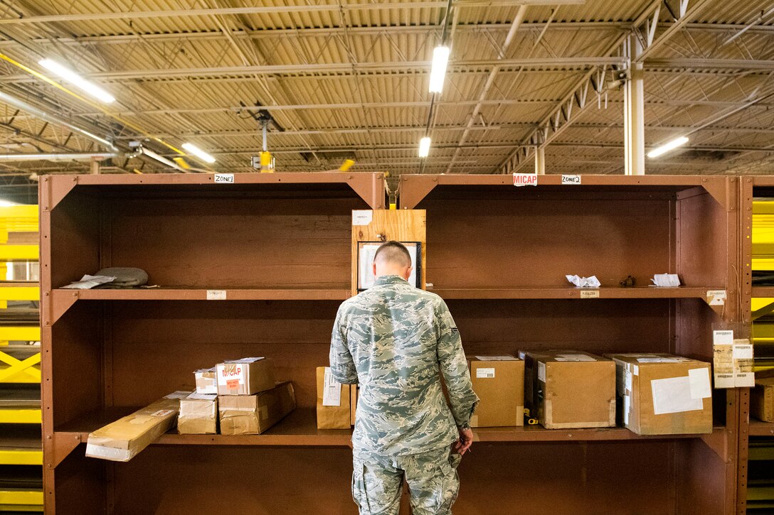 Airman 1st Class Timothy Hankins, 23d Logistics Readiness Squadron documented cargo operator, verifies cargo during a cargo sweep, Aug. 13, 2019, at Moody Air Force Base, Ga. The documented cargo section is responsible for transporting mission-critical equipment and material to squadrons across the base, which helps facilitate mission execution. (U.S. Air Force photo by Senior Airman Erick Requadt)