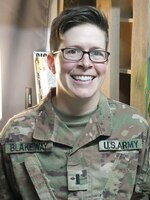 1st Lt. Lori Blakeway, 1972d Medical Detachment, the officer in charge for a behavioral health outpost, poses for a photo at Erbil, Iraq, July 29, 2019.