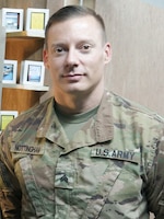 Sgt. Cory Nottingham, 1972d Medical Detachment, the occupational therapy specialist for a behavioral health outpost, poses for a photo at Erbil, Iraq, July 29, 2019.