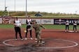 Maj. Rebecca Spohr, assigned to the 85th U.S. Army Reserve Support Command, throws in a ceremonial first pitch before the Chicago Bandits home game vs. the United States Specialty Sports Association Pride team at Parkway Bank Sports Complex, August 11, 2019, in Rosemont, Illinois.