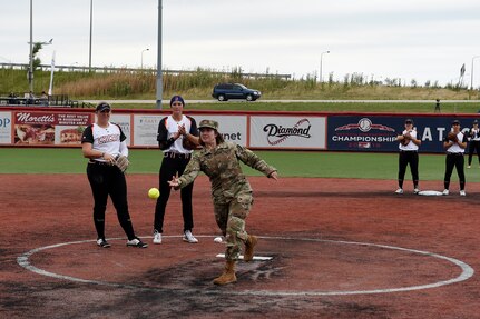 Maj. Rebecca Spohr, assigned to the 85th U.S. Army Reserve Support Command, throws in a ceremonial first pitch before the Chicago Bandits home game vs. the United States Specialty Sports Association Pride team at Parkway Bank Sports Complex, August 11, 2019, in Rosemont, Illinois.