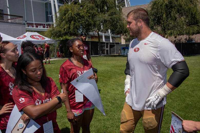 San Francisco 49ers offensive lineman Ben Garland meets with Airmen from Travis Air Force Base, California, Aug. 13, 2019, during the Salute to Service Boot Camp event in Santa Clara, California. The event provided Airmen with an opportunity to interact with NFL players and compete against one another in a variety of athletic drills. (U.S. Air Force photo by Tech. Sgt. James Hodgman)