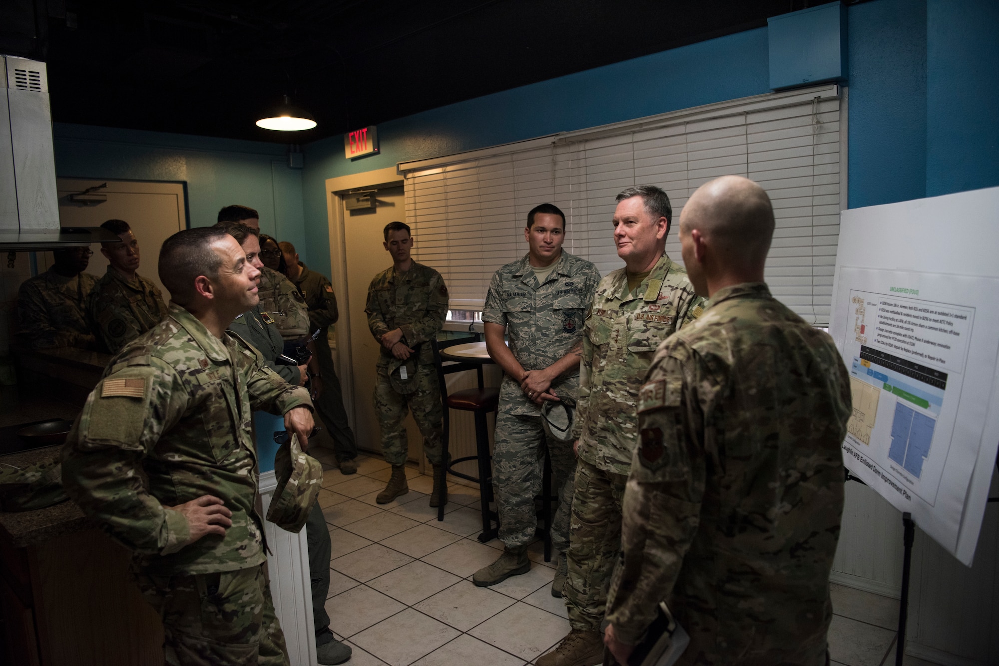 Lt. Gen. Brad Webb, commander of Air Education and Training Command (AETC), goes over his thoughts on quality of life improvements, Aug. 14, 2019, at Laughlin Air Force base, Texas. Webb assumed command of AETC on July 26 and visits Laughlin as part of his immersion tour. Laughlin is one of only four bases that conducts specialized undergraduate pilot training for the United States Air Force.  (U.S. Air Force photo/video by Staff Sgt. Benjamin N. Valmoja).