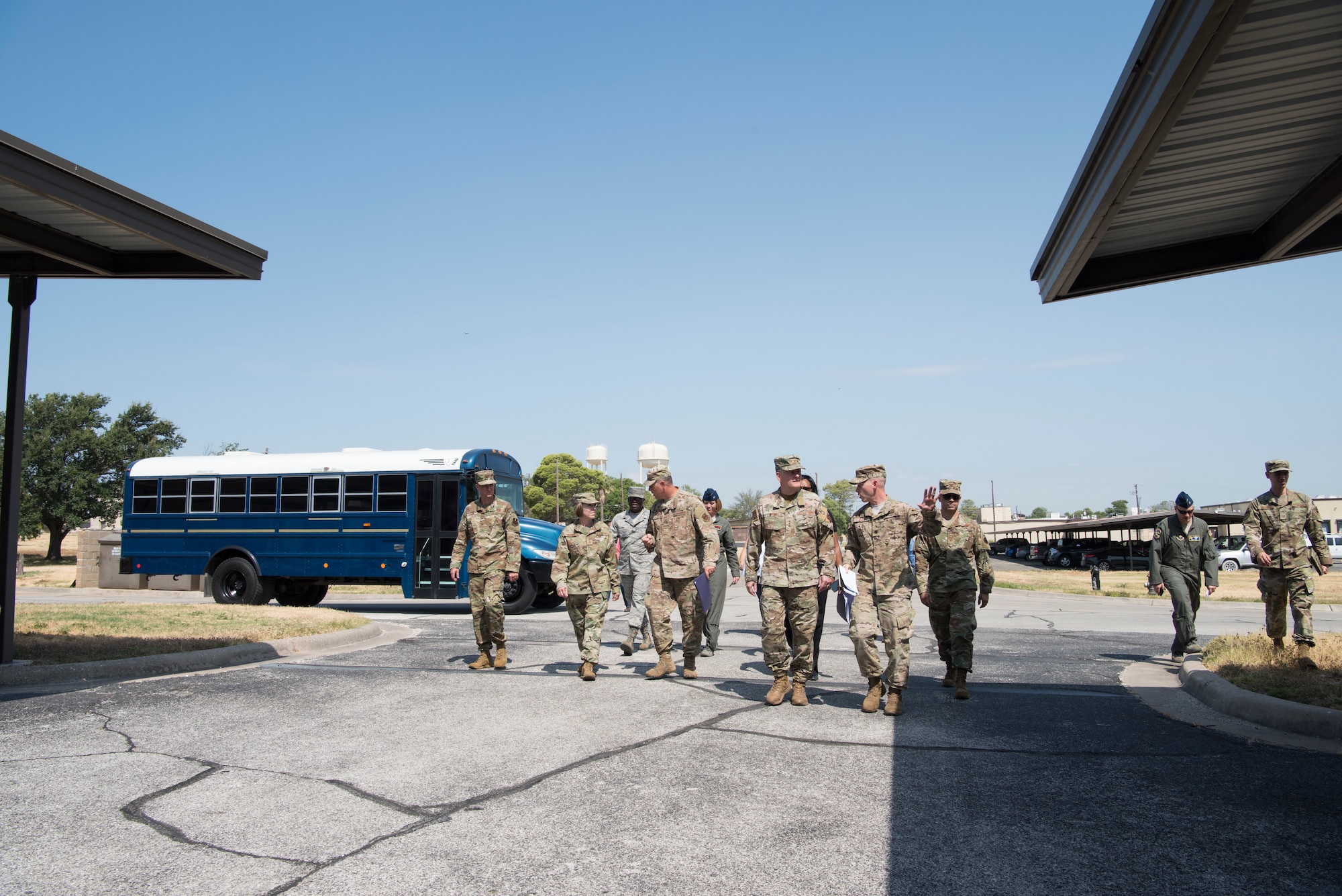 Lt. Gen. Brad Webb, commander of Air Education and Training Command (AETC), and Chief Master Sgt. Juliet Gudgel, the Command Chief Master Sergeant of AETC, visit with members of the 47th Flying Training Wing’s senior leadership during an immersion tour Aug. 14, 2019, at Laughlin Air Force Base, Texas. Laughlin is one of only three bases that conducts specialized undergraduate pilot training for the U.S. Air Force. (U.S. Air Force photo by Staff Sgt. Benjamin N. Valmoja).