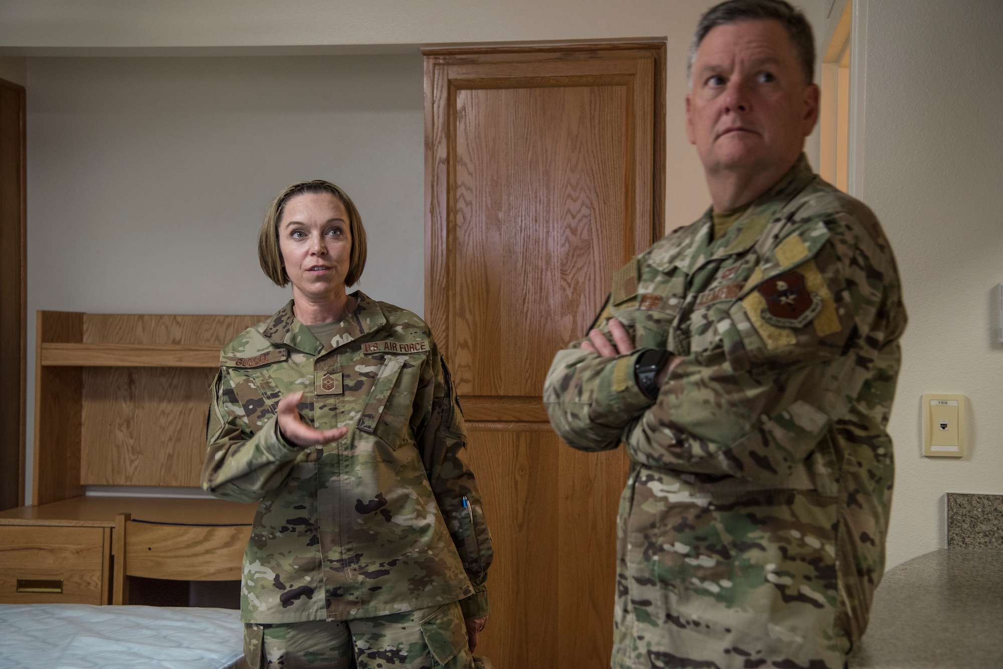 Chief Master Sgt. Juliet Gudgel, the Command Chief Master Sergeant of the Air Education and Training Command (AETC), discusses Laughlin’s housing issue, Aug. 14, 2019, at Laughlin Air Force Base, Texas. Gudgel is accompanying Lt. Gen. Brad Webb, commander of AETC on a tour of the installations around the command. (U.S. Air Force photo/video by Staff Sgt. Benjamin N. Valmoja).