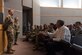 U.S. Air Force Lt. Gen. Brad Webb, commander of Air Education and Training Command (AETC), and Chief Master Sgt. Juliet Gudgel, AETC command chief master sergeant, participate in a Q&A with Airmen assigned to the 47th Flying Training Wing during an immersion tour Aug. 14, 2019, at Laughlin Air Force Base, Texas. During the briefing, Webb and Gudgel got a chance to introduce themselves and hear from people at Laughlin. (U.S. Air Force photo by Senior Airman Anne McCready).