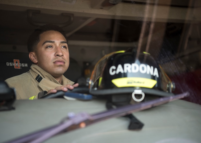 U.S. Air Force Airman 1st Class Adam Cardona, a 35th Civil Engineer Squadron fire protection journeyman, drives a fire truck at Misawa Air Base, Japan, Aug. 7, 2019.  Cardona came to Misawa AB a year and half ago and has made Misawa feel like home by enjoying activities such as sightseeing, fireworks shows and local eateries. (U.S. Air Force photo by Senior Airman Collette Brooks)