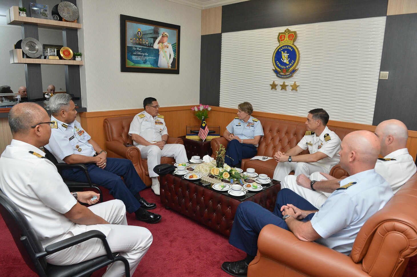 LUMUT, Malaysia (Aug 14, 2019) Senior leaders from the U.S. Navy and Coast Guard and their Malaysian counterparts meet with Vice Adm. Dato’ Aris Adi Tan Bin Abdullah, commander of Royal Malaysian Navy Western Fleet at Western Fleet Headquarters as part of the Maritime Training Activity (MTA) Malaysia 2019 opening ceremony at Lumut Naval Base. MTA Malaysia 2019 is a continuation of 25 years of maritime engagements between the U.S. Navy and Royal Malaysian Navy serving to enhance mutual capabilities in ensuring maritime security and stability.