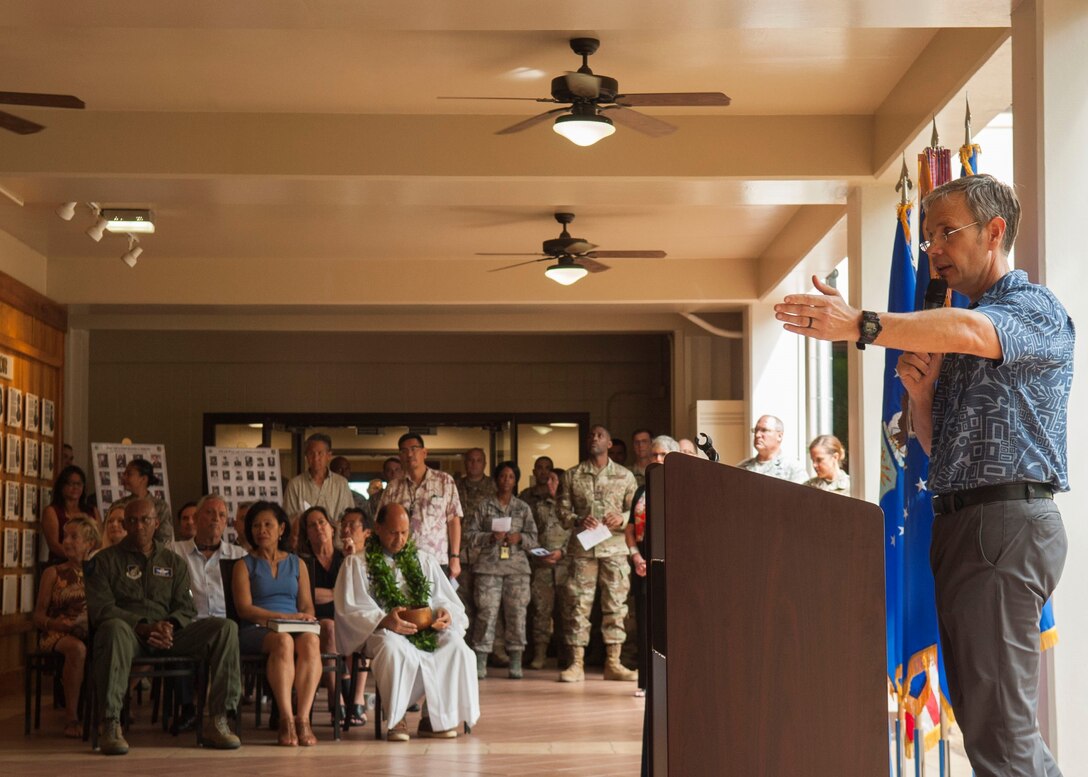 Donald Fenton, Pacific Air Forces command historian, gives a historical speech during a 75th anniversary ceremony in the Courtyard of Heroes at Headquarters PACAF, Aug. 2, 2019. The Far East Air Forces was activated on Aug. 3, 1944 at Brisbane, Australia, under the command of Lt. Gen. George C. Kenney. Over the next 18 months, FEAF moved from Brisbane to New Guinea, the Philippines and then to Japan. The FEAF moved from Fuchu Air station, Japan, to Hickam Air Force Base, Hawaii, on July 1, 1957, and was redesignated Pacific Air Forces. (U.S. Air Force photo by Staff Sgt. Mikaley Kline)