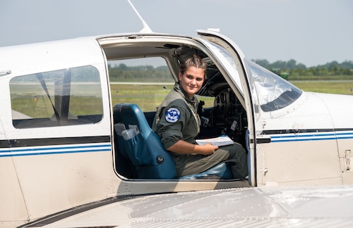 Air Force Junior Reserve Officers’ Training Corps cadet Madelyn Spitzer, observes the right aileron on a Piper Warrior II aircraft during her preflight checks Aug. 6, 2019, at Delaware Airpark in Cheswold, Del. Spitzer and Mohammad Ahmed, Delaware State University certified flight instructor, flew around the airpark and practiced skills learned during the eight-week AFJROTC Summer Flight Academy held at DSU in Dover. Spitzer is a cadet with AFJROTC Detachment SC-951, Clover High School, Clover, S.C. (U.S. Air Force photo by Roland Balik)