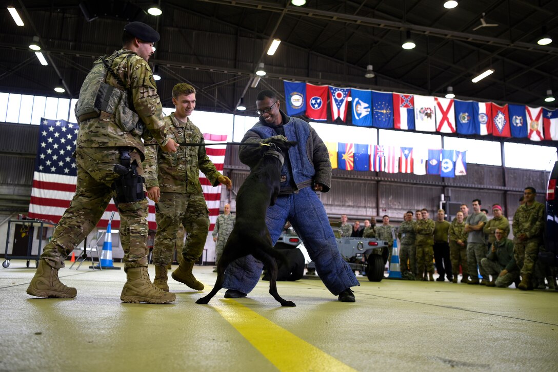 U.S. Air Force Senior Airman Erik Barrera, 52nd Security Forces Squadron military working dog handler, left, Staff Sgt. Jordan Leiter, 52nd SFS MWD trainer, center, and Tech. Sgt. Quintahris Short, 52nd Maintenance Squadron commander support staff NCO in charge, right, conduct an MWD demonstration at Spangdahlem Air Base, Germany, Aug. 15, 2019. Airmen from the 52nd Maintenance Group gathered for the second annual MXG Olympics. (U.S. Air Force photo by Airman 1st Class Valerie Seelye)