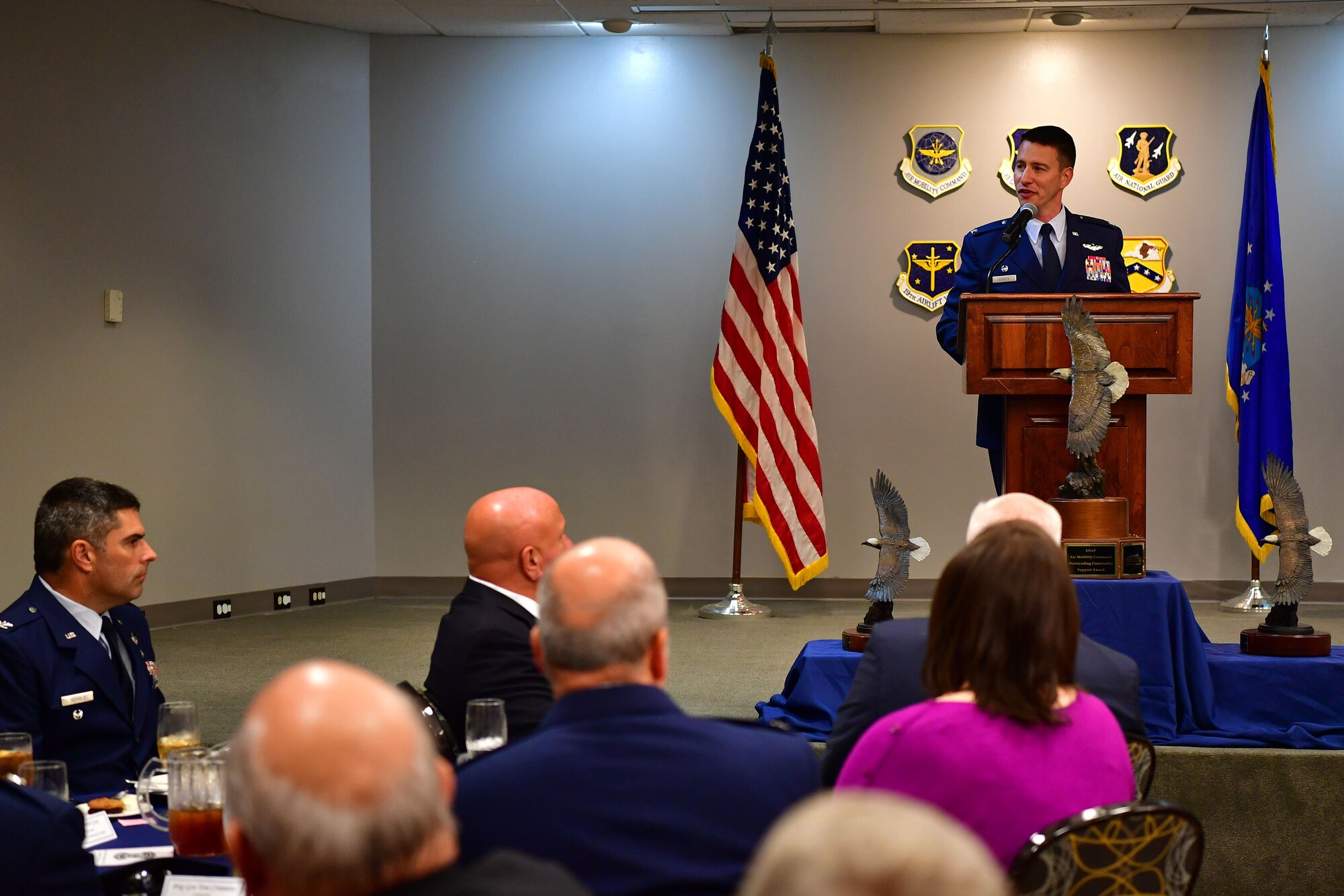 Little Rock Air Force Base commander speaks with community coulcil members.