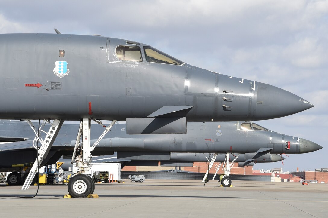 The forward fusealge and noses of three B-1B Lancer's on the flight line undergoing heavy depot level maintenance with the Oklahoma City Air Logistics Complex at Tinker Air Force Base, Oklahoma, Dec. 4, 2017. OC-ALC provides maintenance and sustainment of the Air Force's fleet of B-1s under the Air Force Sustainment Center's ALC structure. (U.S. Air Force photo/Greg L. Davis)