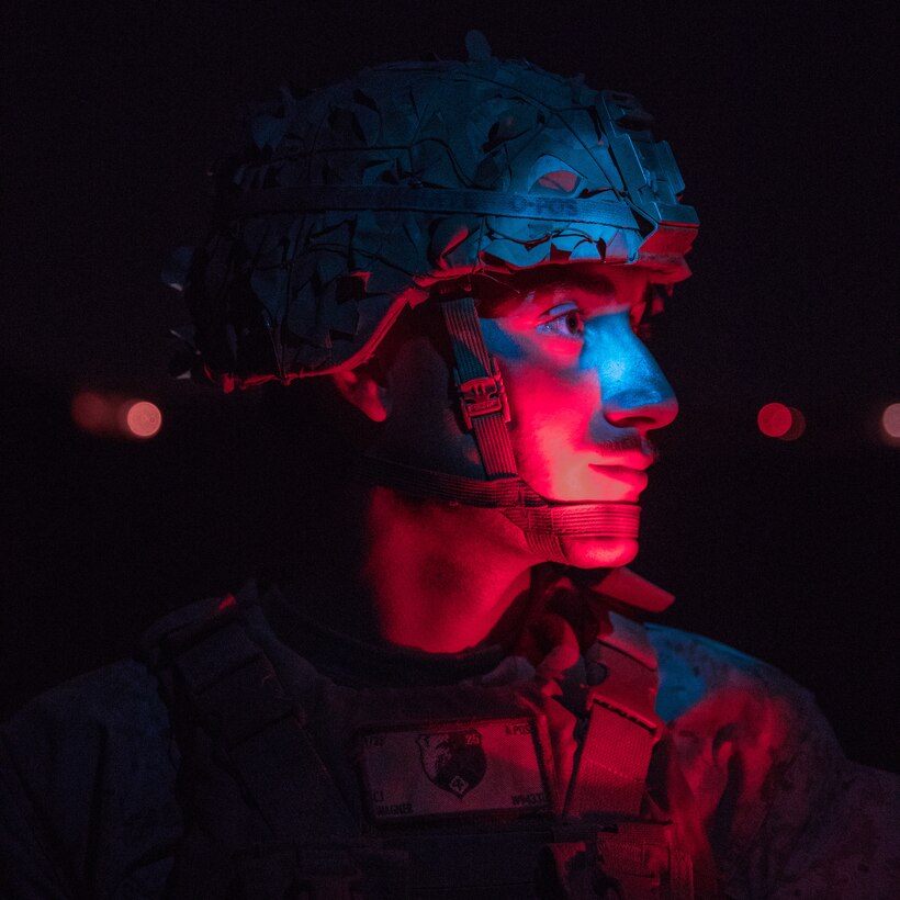 U.S. Marine Corps Lance Cpl. Christopher Wagner, an infantry rifleman with 1st Battalion, 25th Marine Regiment, 4th Marine Division, poses for a photo during Integrated Training Exercise 5-19 at Marine Corps Air Ground Combat Center Twentynine Palms, Calif., Aug. 13, 2019. Reserve Marines with 1/25 are training at ITX in preparation to replace 2nd Battalion, 23rd Marine Regiment in their deployment in the Pacific region. (U.S. Marine Corps photo by Lance Cpl. Jose Gonzalez)