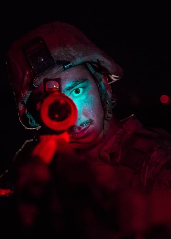 U.S. Marine Corps Lance Cpl. Hunter Godding, an infantry rifleman with 1st Battalion, 25th Marine Regiment, 4th Marine Division, poses for a photo during Integrated Training Exercise 5-19 at Marine Corps Air Ground Combat Center Twentynine Palms, Calif., Aug. 13, 2019. Reserve Marines with 1/25 are training at ITX in preparation to replace 2nd Battalion, 23rd Marine Regiment in their deployment in the Pacific region. (U.S. Marine Corps photo by Lance Cpl. Jose Gonzalez)