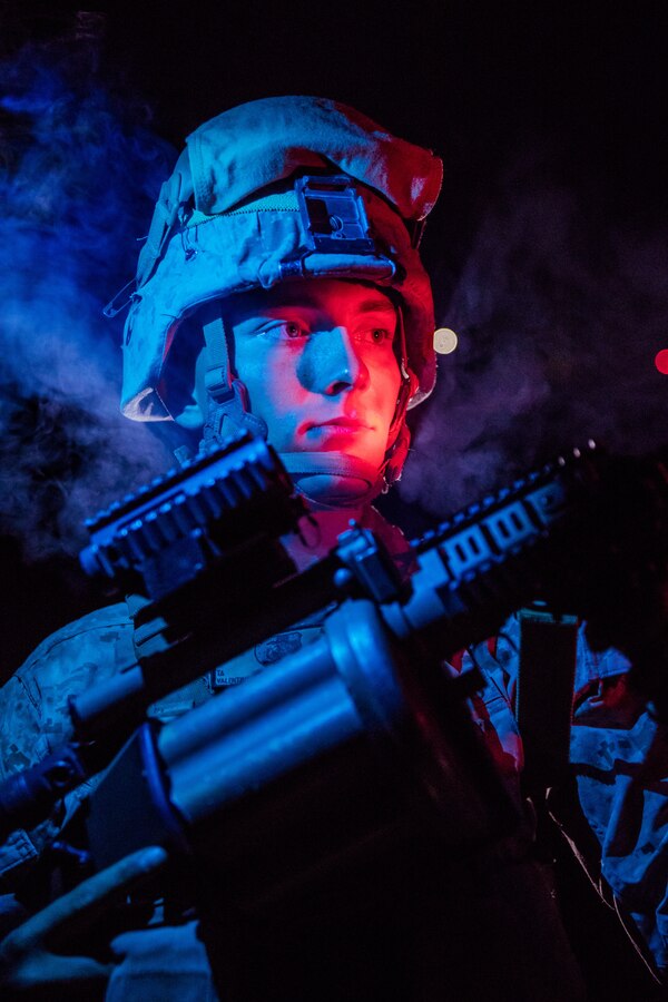 U.S. Marine Corps Lance Cpl. Trevor Valentine, an infantry rifleman with 1st Battalion, 25th Marine Regiment, 4th Marine Division, poses for a photo during Integrated Training Exercise 5-19 at Marine Corps Air Ground Combat Center Twentynine Palms, Calif., Aug. 13, 2019. Reserve Marines with 1/25 are training at ITX in preparation to replace 2nd Battalion, 23rd Marine Regiment in their deployment in the Pacific region. (U.S. Marine Corps photo by Lance Cpl. Jose Gonzalez)