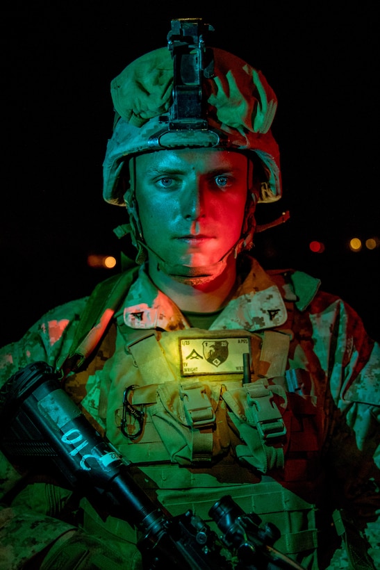 U.S. Marine Corps Lance Cpl. Eliott Wright, an infantry rifleman with 1st Battalion, 25th Marine Regiment, 4th Marine Division, poses for a photo during Integrated Training Exercise 5-19 at Marine Corps Air Ground Combat Center Twentynine Palms, Calif., Aug. 13, 2019. Reserve Marines with 1/25 are training at ITX in preparation to replace 2nd Battalion, 23rd Marine Regiment in their deployment in the Pacific region. (U.S. Marine Corps photo by Lance Cpl. Jose Gonzalez)