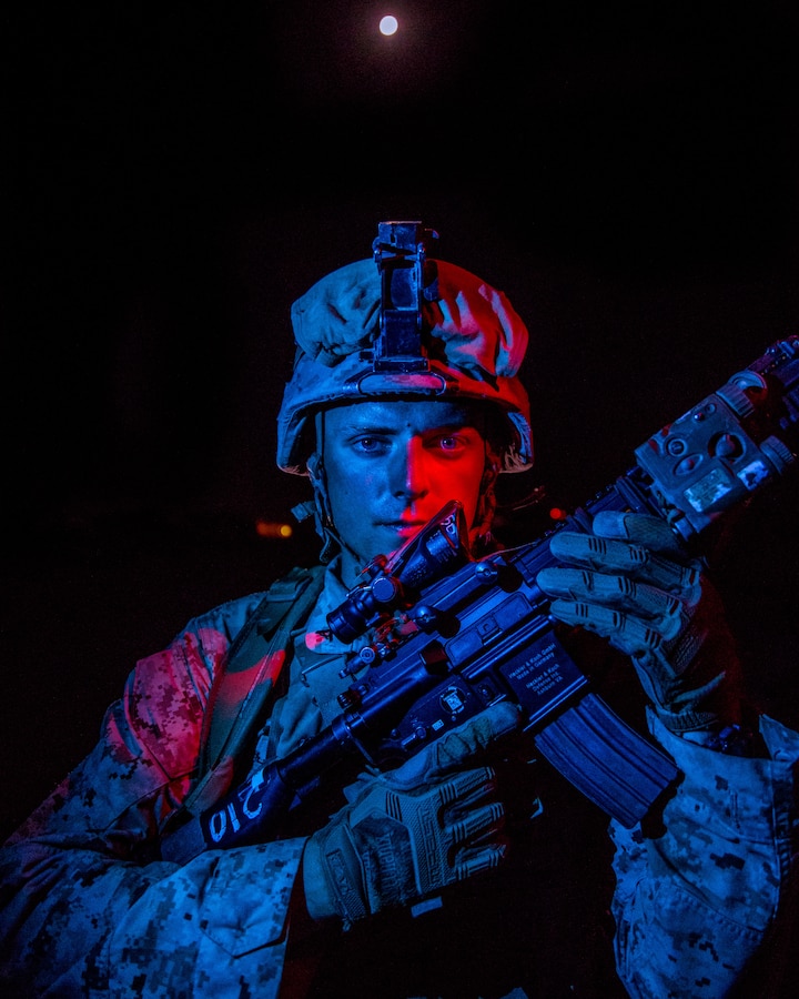 U.S. Marine Corps Lance Cpl. Eliott Wright, an infantry rifleman with 1st Battalion, 25th Marine Regiment, 4th Marine Division, poses for a photo during Integrated Training Exercise 5-19 at Marine Corps Air Ground Combat Center Twentynine Palms, Calif., Aug. 13, 2019. Reserve Marines with 1/25 are training at ITX in preparation to replace 2nd Battalion, 23rd Marine Regiment in their deployment in the Pacific region. (U.S. Marine Corps photo by Lance Cpl. Jose Gonzalez)