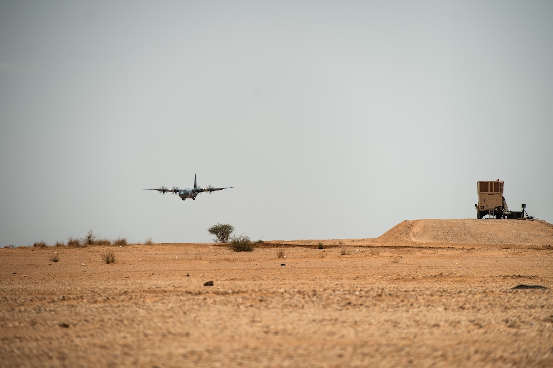 A U.S. Air Force C-130J Super Hercules assigned to the 37th Airlift Squadron at Ramstein Air Base, Germany, lands at Nigerien Air Base 201, Agadez, Niger, Aug. 3, 2019. This was the first C-130 to land at Air Base 201, marking the beginning of limited Visual Flight Rules operations at the base. (U.S. Air Force photo by Staff Sgt. Devin Boyer)