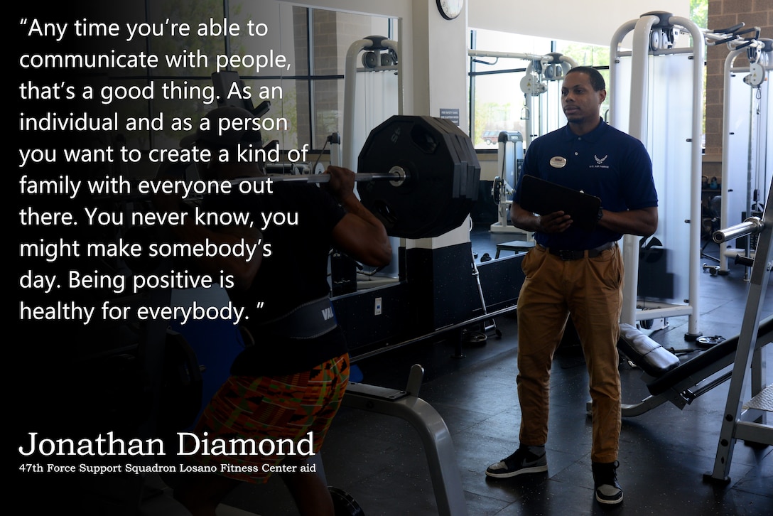 Jonathan Diamond, a 47th Force Support Squadron Losano Fitness Center aid, dicusses positive communication in this week's Airman's Spotlight, at Laughlin Air Force Base, Texas, August 15, 2019. Diamond believes positive attitude and communication can help make anyone's day. (U.S. Air Force Graphic by Senior Airman John A. Crawford)