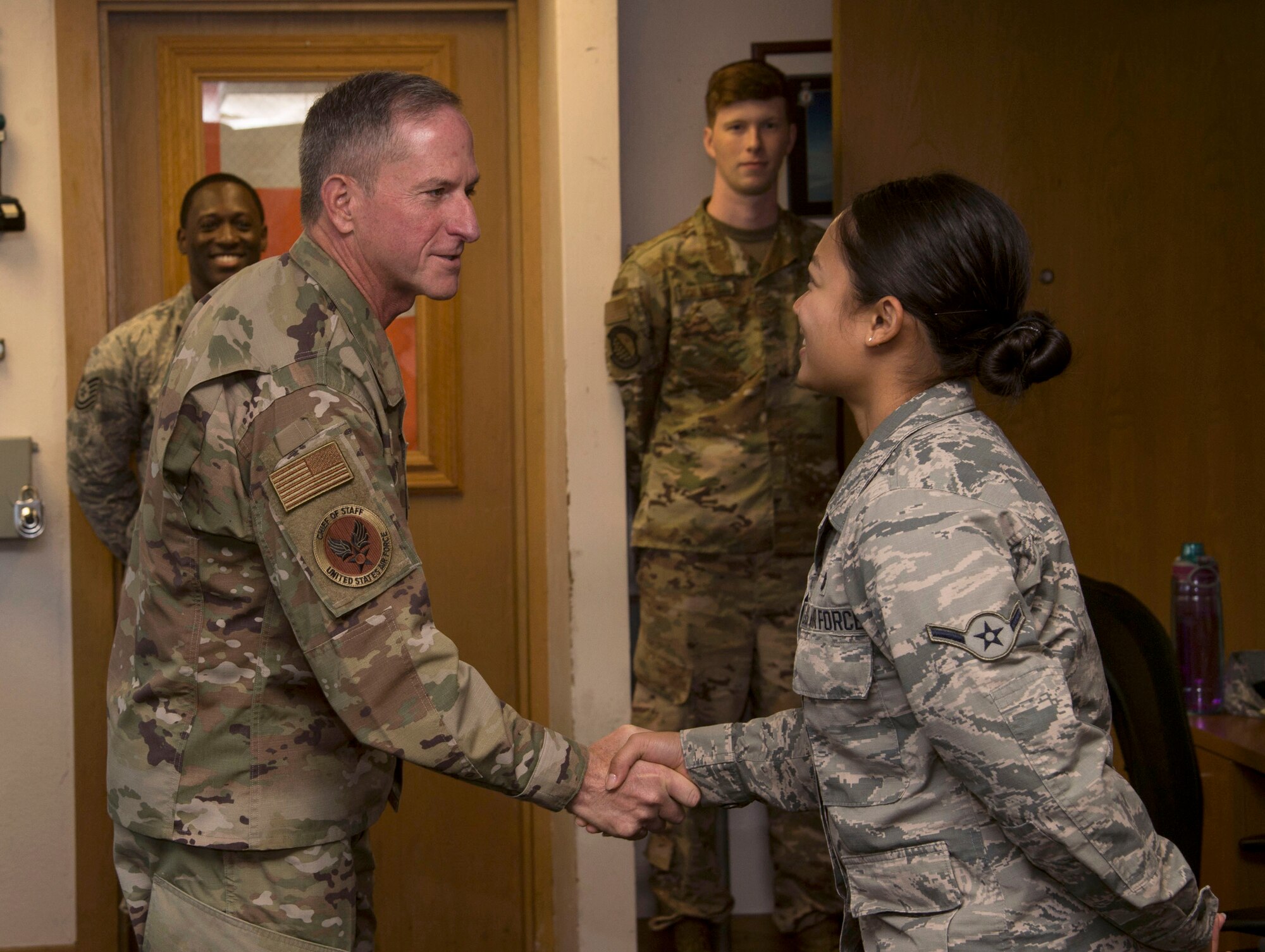 Air Force Chief of Staff Gen. David L. Goldfein meets with members of the 15th Operations Support Squadron airfield management team, at Joint Base Pearl Harbor-Hickam, Hawaii, Aug. 14, 2019. Airfield managers ensure the safety and security of airfield components to ensure all takeoffs and landings can proceed without incident. This was Goldfein’s first stop as he visits various units in the Indo-Pacific. (U.S. Air Force photo by Tech. Sgt. Heather Redman)