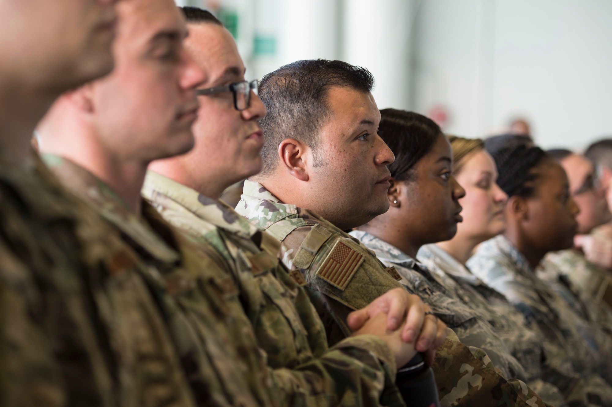 More than 1,800 Airmen listen to Air Force Chief of Staff Gen. David L. Goldfein speak during an all call at Joint Base Pearl Harbor-Hickam, Hawaii, Aug. 14, 2019. During the all call, Goldfein covered topics such as multi-domain operations, joint leaders and teams and the importance of squadrons in the Air Force. This was Goldfein’s first stop as he visits various units in the Indo-Pacific.  (U.S. Air Force photo by Tech. Sgt. Heather Redman)