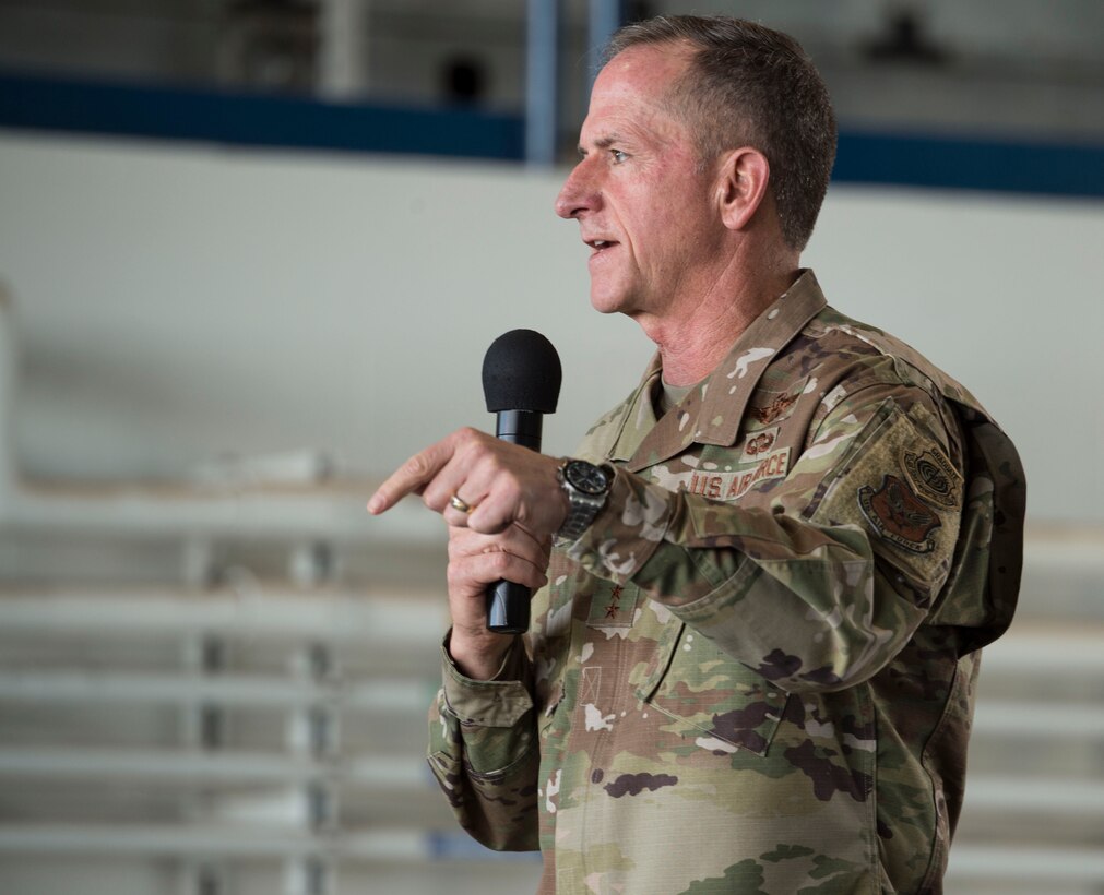 Air Force Chief of Staff Gen. David Goldfein speaks to Airmen during an all call at Joint Base Pearl Harbor-Hickam, Hawaii, Aug. 14, 2019. During the all call, Goldfein covered topics such as multi-domain operations, joint leaders and teams and the importance of squadrons in the Air Force. This was Goldfein’s first stop as he visits various units in the Indo-Pacific. (U.S. Air Force photo by Tech. Sgt. Heather Redman)