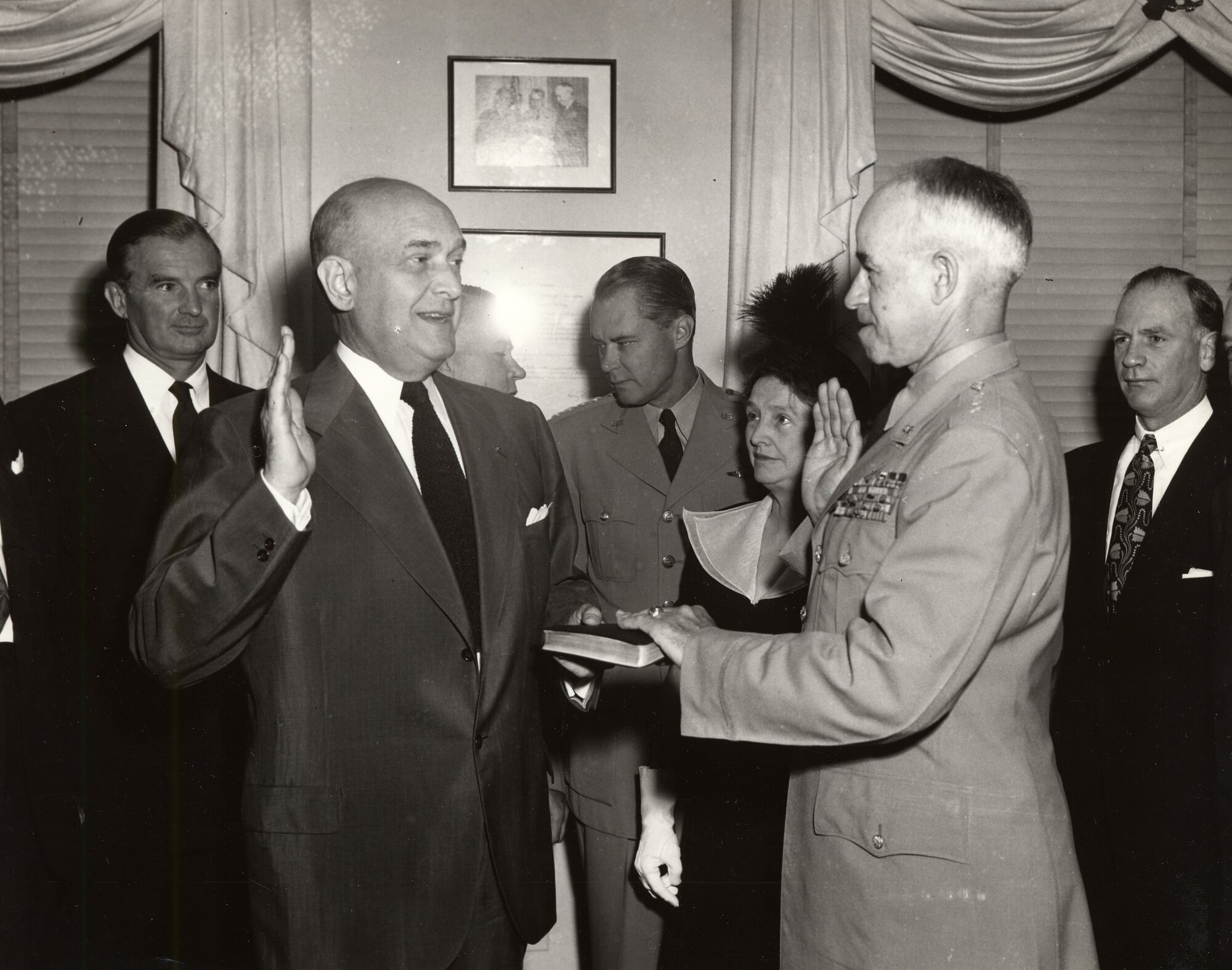 Secretary of Defense Louis Johnson swears in U.S. Army Gen. Omar Bradley as the first chairman of the Joint Chiefs of Staff during a ceremony in Washington, D.C., Aug. 16, 1949.