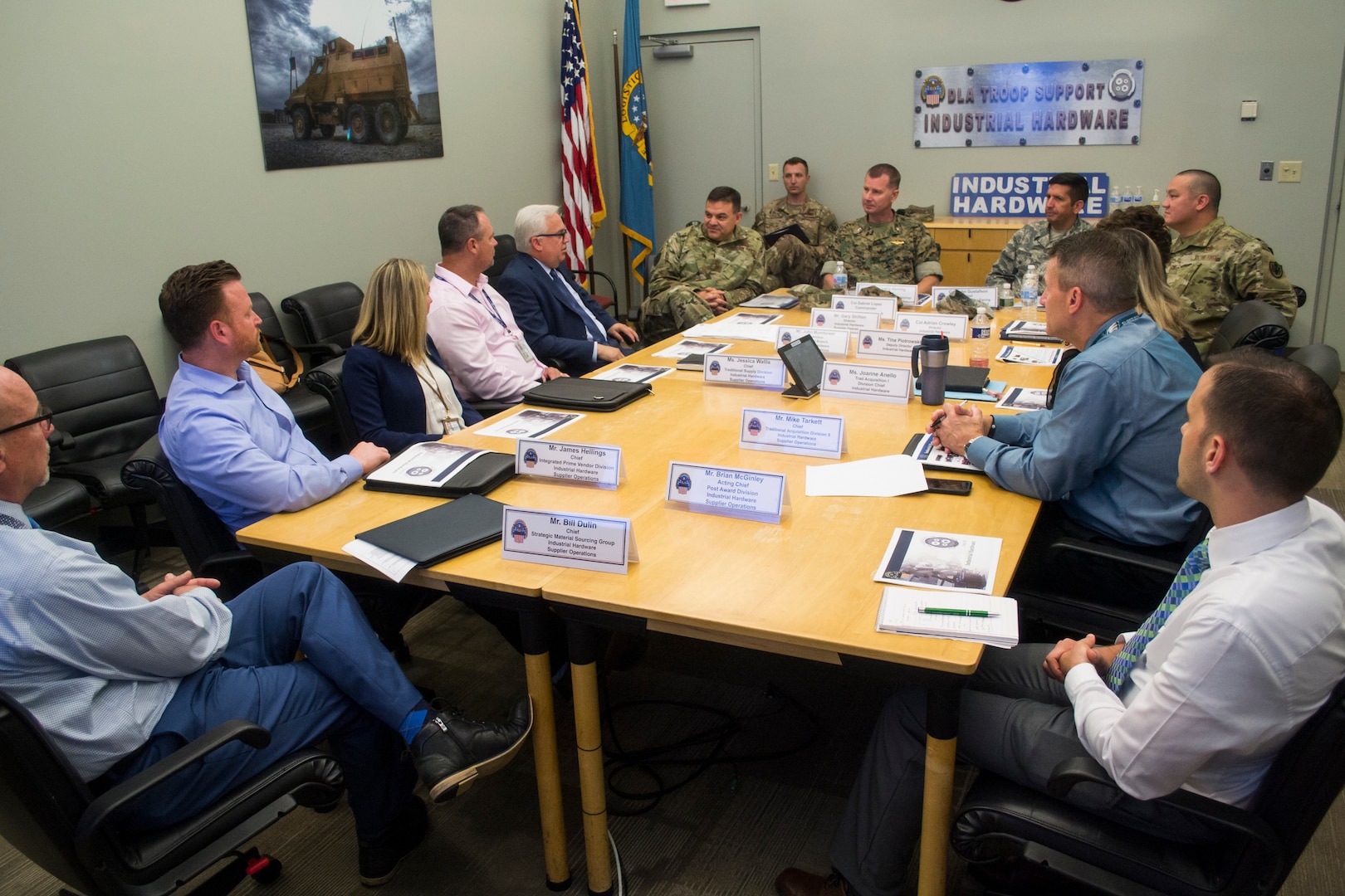 DLA Aviation leaders meet with members of DLA Troop Support Industrial Hardware Aug. 14, 2019 in Philadelphia.