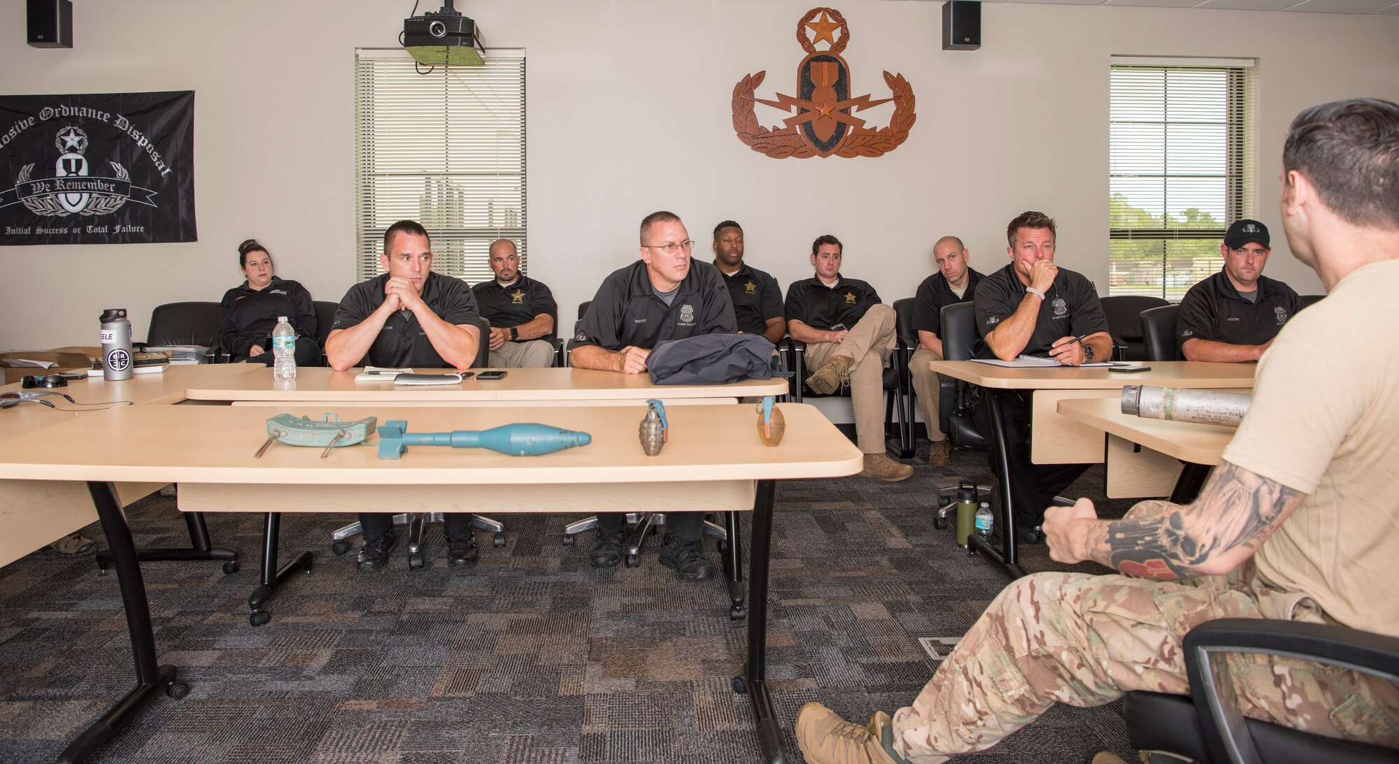 U.S. Air Force explosive ordnance disposal Airman participate in an open classroom about military ordnance with Tampa Police Department, Hillsborough County Sheriff’s Department and the Federal Bureau of Investigation at MacDill Air Force Base, Fla., Aug. 14, 2019.