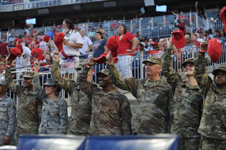 Air Force District of Washington Commander Maj. Gen. Ricky N. Rupp joined his Airmen for the Salute to Service event at Nationals Park Aug. 13. The Airmen enjoyed club house hospitality, premium home plate seating, and a third inning shout out on the NatsHD Scoreboard as they waved their caps in support of the Washington Nationals, who face off against the Cincinnati Reds. Tonight’s theme? Grateful Dead!

The Nationals offer premium seating in the Washington Nationals Stadium - Delta Sky 360club for select military groups and their families during every home game and attendees receive a standing ovation from fans. (U.S. Air Force photos/Lt. Col. John Ross and Master Sgt. Amaani Lyle)