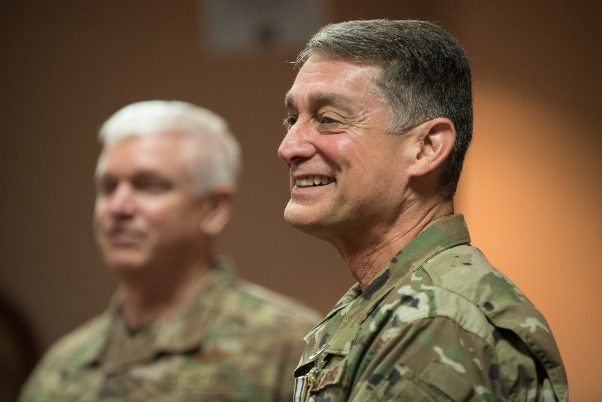 Brig. Gen. Warren Hurst, Kentucky’s assistant adjutant general for Air, speaks to members of the audience during a ceremony at the Kentucky Air National Guard base in Louisville, Ky., Aug. 10, 2019. Lt. Gen. L. Scott Rice, director of the Air National Guard, presented Hurst with the Distinguished Service Medal during the ceremony, recognizing Hurst's exceptionally meritorious service in duties of great responsibility. (U.S. Air National Guard photo by Dale Greer)