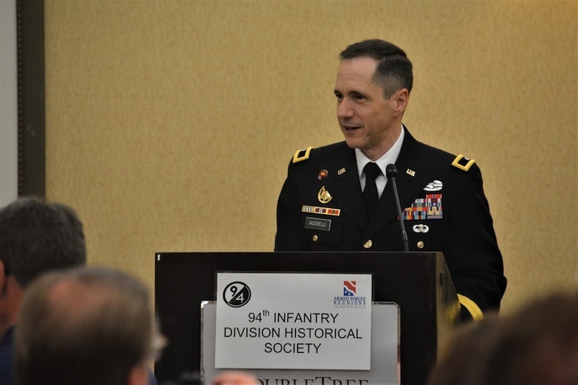 Brig. Gen. Stephen Iacovelli, 94th Training Division-Force Sustainment commanding general, speaks at the 70th anniversary of the 94th Infantry Division Historical Society reunion held at Columbus, Georgia, June 14-15, 2019.