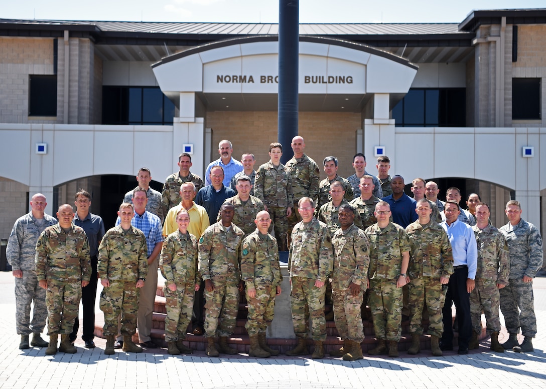 U.S. Air Force personnel from The National Air and Space Intelligence Center pose for a group photo with 17th Training Wing Commander, Col. Andres Nazario, and Command Chief, Chief Master Sgt. Lavor Kirkpatrick, at the Norma Brown Building on Goodfellow Air Force Base, Texas, August 13, 2019. NASIC personnel were shown how the 17th TRW shapes the future of NASIC. (U.S. Air Force photo by Airman 1st Class Ethan Sherwood/Released)
