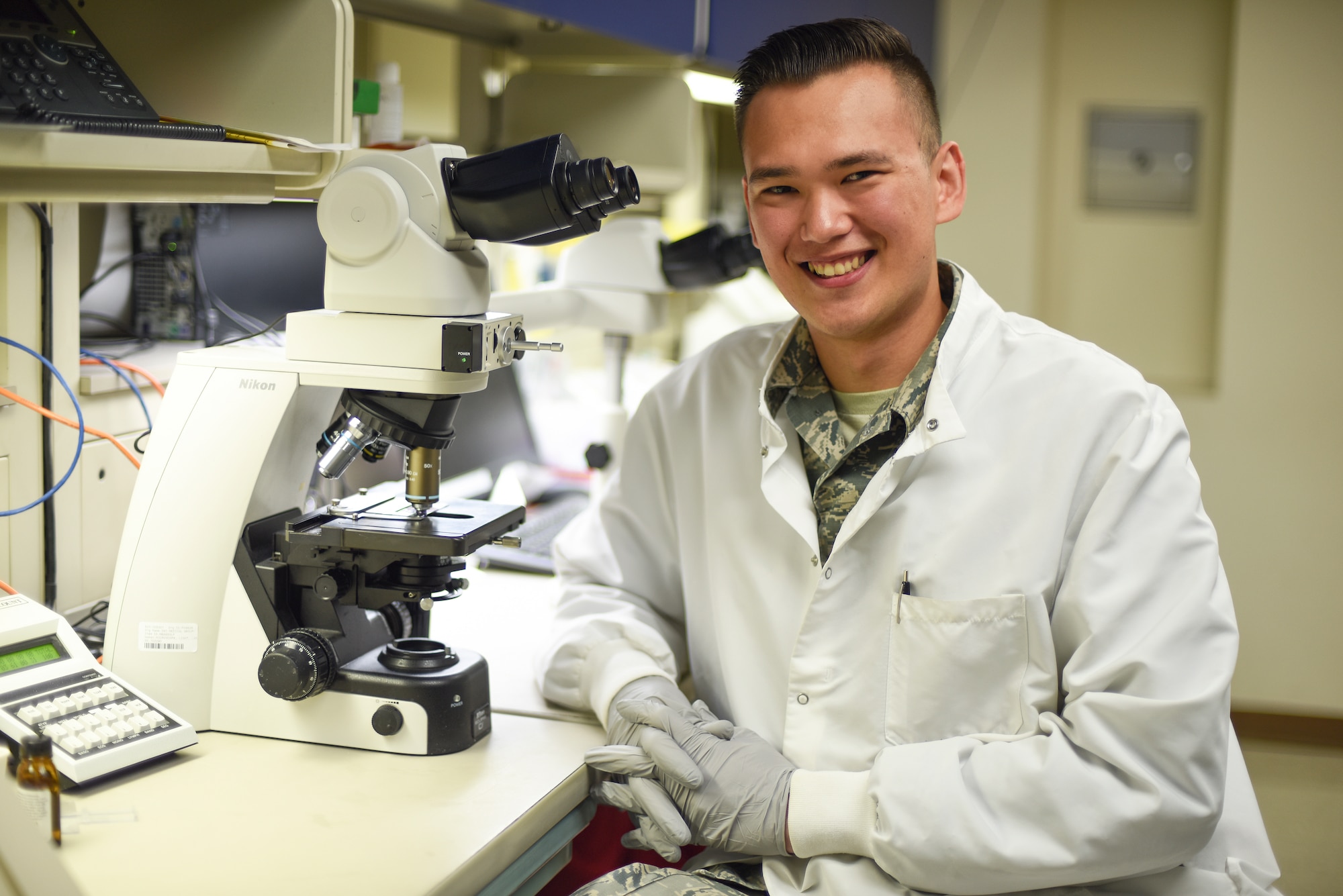 Senior Airman Philip Fisketjon, 341st Medical Group medical laboratory technician, poses for a picture August 13, 2019, at the laboratory on Malmstrom Air Force Base, Mont.