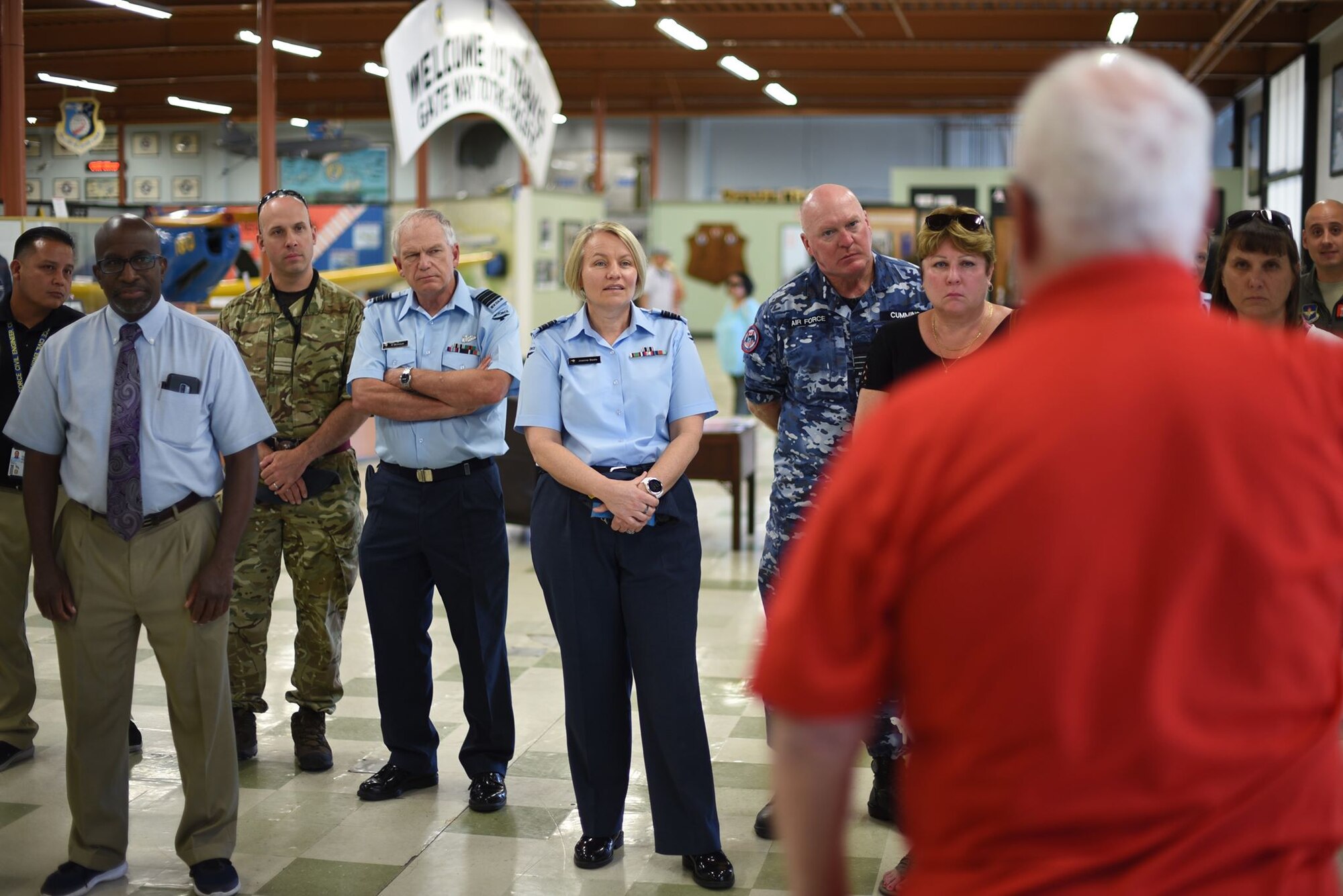 Five Eyes Air Force Interoperability Council representatives tour the Heritage Center at Travis Air Force Base, California, Aug. 9, 2019. The group, which comprises armed forces members from Australia, Canada, New Zealand, the United Kingdom and the United States, meet annually to discuss, learn and test existing and new interoperability strategies. (U.S. Air Force photo by Senior Airman Christian Conrad)