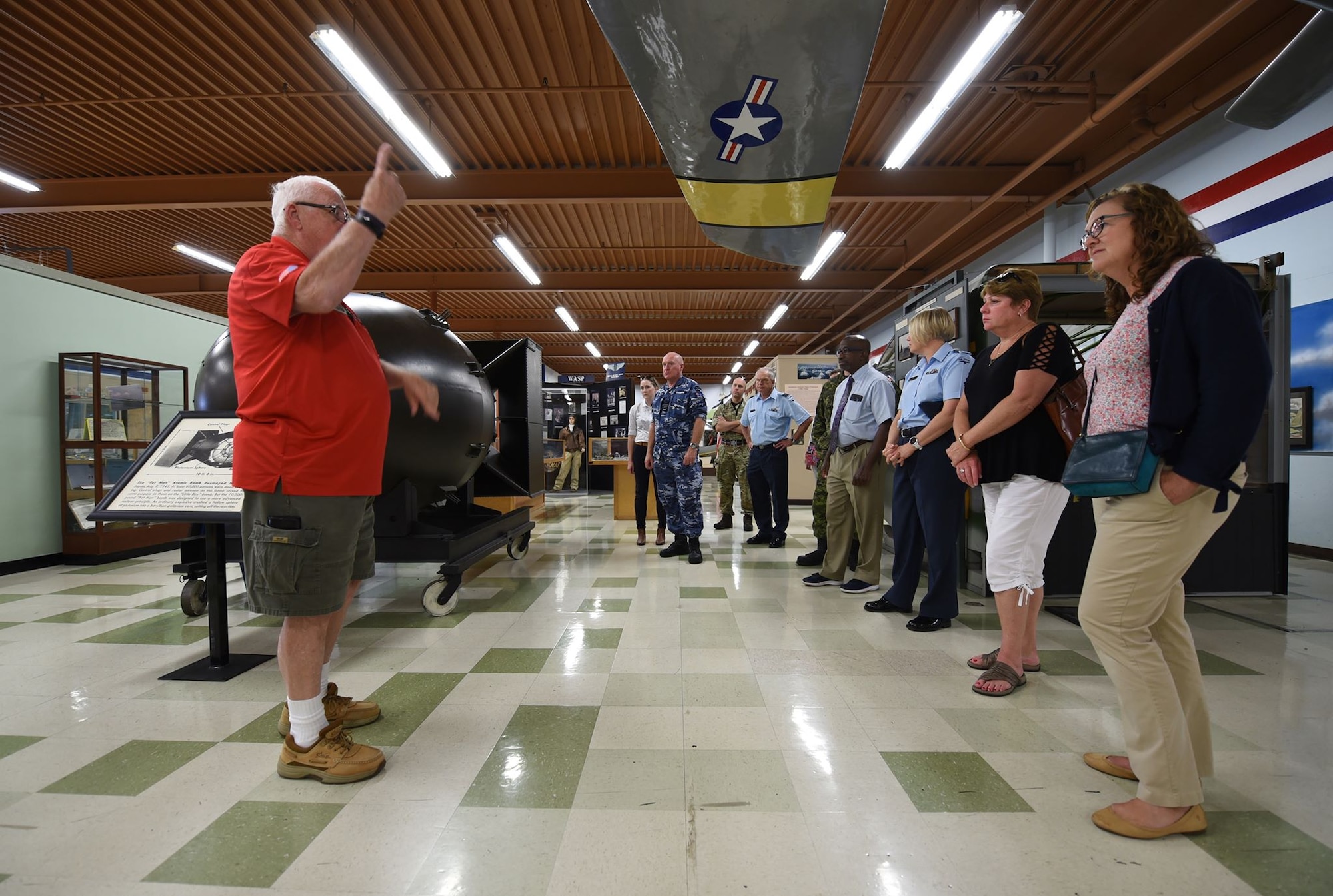 Five Eyes Air Force Interoperability Council representatives tour the Heritage Center at Travis Air Force Base, California, Aug. 9, 2019. The group, which comprises armed forces members from Australia, Canada, New Zealand, the United Kingdom and the United States, meet annually to discuss, learn and test existing and new interoperability strategies. (U.S. Air Force photo by Senior Airman Christian Conrad)