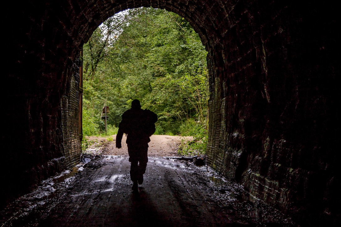 A soldier, shown in silhouette, walks through a dark tunnel, framed by greenery in the background.