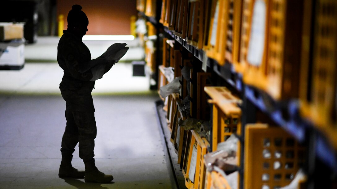 Senior Airman Terri Harris, 386th Expeditionary Logistics Readiness Squadron expeditionary theater distribution center journeyman, inspects the shelf-life of perishable items in an ETDC at Ali Al Salem Air Base, Kuwait, Aug. 13, 2019. Items found to be expired are sent to be tested or disposed of. (U.S. Air Force photo by Staff Sgt. Mozer O. Da Cunha)