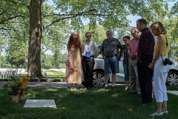 Relatives of 307th Bombardment Group Airmen whose B-24 Liberator was shot down during World War II visit the Airmen's memorial at Zachary Taylor National Cemetery in Louisville, Kentucky, July 12, 2019. Several of the Airmen remain MIA, but their relatives hope to soon repatriate their remains. (U.S. Air Force photo by Senior Airman Maxwell Daigle)