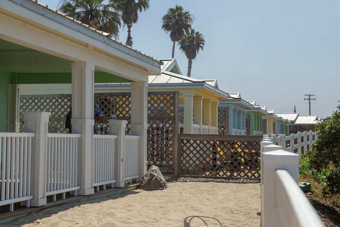 Newly built beach cottages overlook the ocean prior to a dedication ceremony at San Onofre Beach on Marine Corps Base Camp Pendleton, California, Aug. 15, 2019. The ceremony marked the completion of renovations for the last two of 13 cottages to be rebuilt at San Onofre. The updated cottages are designed to be more accessible to wounded service members or those with disabilities. (U.S Marine Corps photo by Lance Cpl. Andrew Cortez)