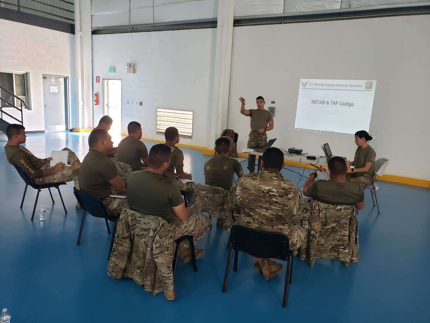 Master Sgt. Charlie Marino-Franco, 571st Mobility Support Advisory Squadron meteorology air advisor, instructs personnel from the National Air and Naval Service, at Nicanor Air Base, Panama. Capability focus areas for this mission included airfield management, supply management, aircraft maintenance, fuels operations, weather and airfield radar systems. (Courtesy Photo)