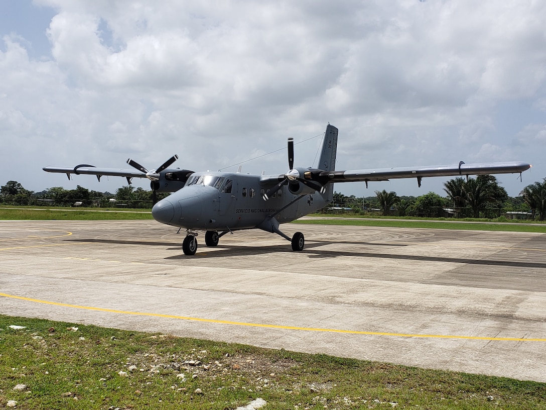 A DHC-6 Twin Otter aircraft sits on the flightline at Nicanor Air Base, Panama. In July 2019, 11 air advisors from the 571st Mobility Support Advisory Squadron were part of a mobile training team with personnel from the National Air and Naval Service in Panama. (Courtesy Photo)