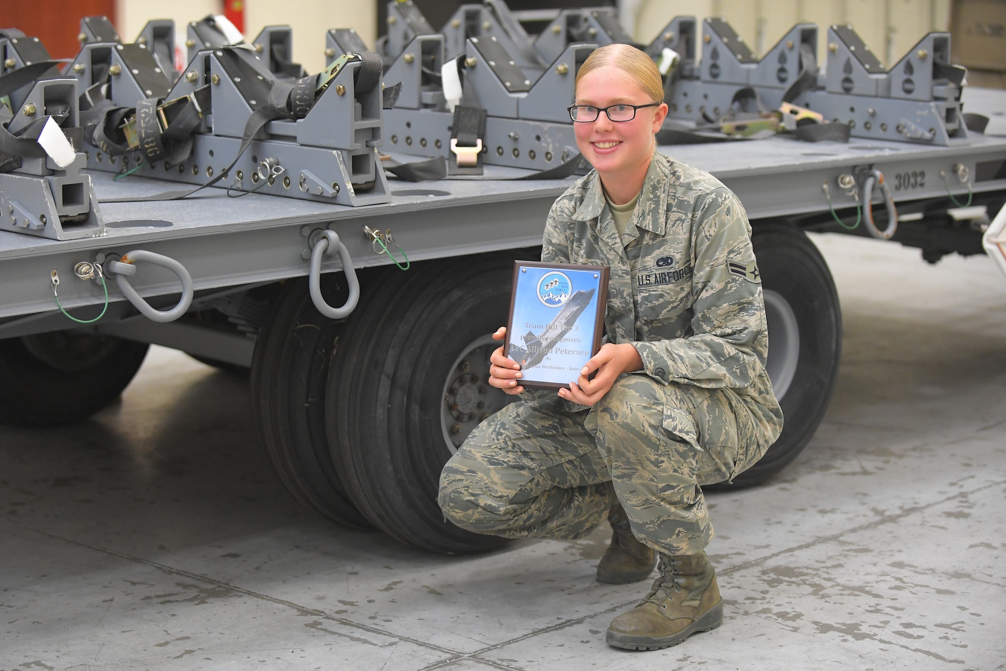 Airman 1st Class Allison Petersen, 388th Maintenance Squadron munitions support equipment maintenance technician, was awarded the coveted Top 3 Superior Performer award Aug. 9. The monthly award recognizes the hard work of Team Hill’s Airmen on and off duty. (U.S. Air Force photo by Todd Cromar)