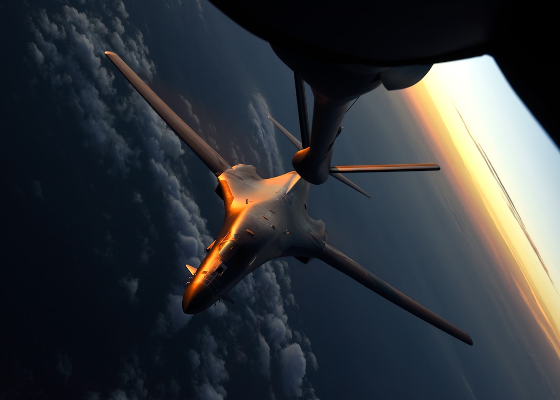 A U.S. Air Force 7th Bomb Wing B-1B Lancer performs air refueling training with a 92nd Air Refueling Wing KC-135 Stratotanker at Dyess Air Force Base, Texas, Aug. 13, 2019.