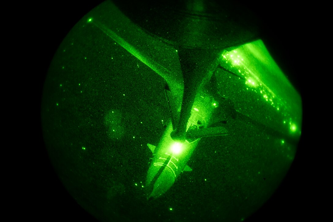 A U.S. Air Force 7th Bomb Wing B-1B Lancer performs air refueling training with a 92nd Air Refueling Wing KC-135 Stratotanker at Dyess Air Force Base, Texas, Aug. 14, 2019.