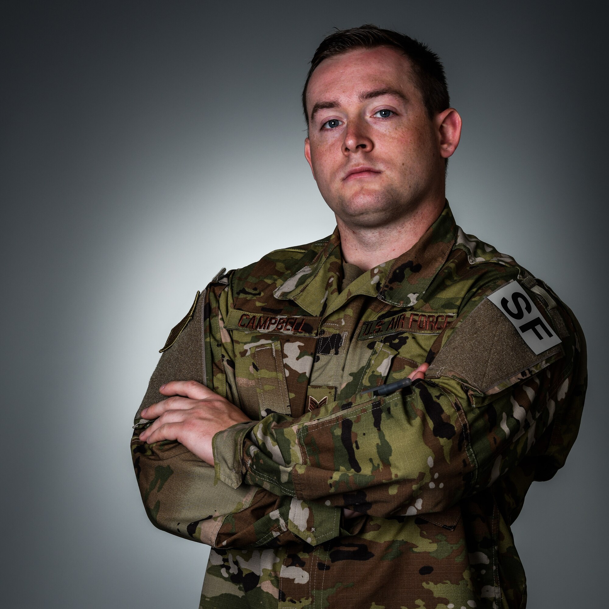 Tech. Sgt. Brandon Campbell, a former fireteam member with the 910th Security Forces Squadron, poses for a photo on May 23, 2019, at Youngstown Air Reserve Station.