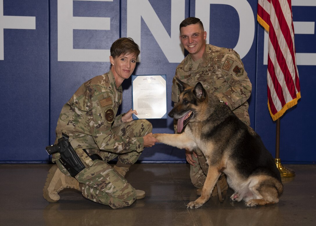 Wax, 56th Security Forces Squadron military working dog, recieves a certicate from Maj. Kimberly Guest, 56th SFS commander, during his retirement ceremony Aug. 9, 2019, at Luke Air Force Base, Ariz.